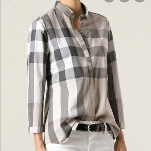 Burberry Gray and White Plaid Button Down Shirt